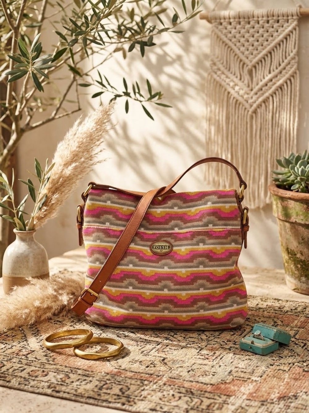 Fossil Explorer Foldover Shoulder Bag Chevron Geometric Canvas & Leather